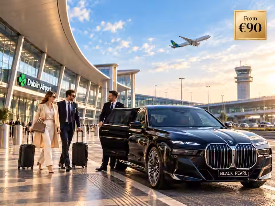 Black Pearl Executive BMW 750e chauffeur waiting at Dublin Airport as two passengers approach the car